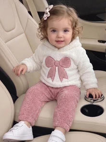 SHEIN 5pcs Baby Girls Hoodie Pants Set Cute Sweet Pink White Big Bow Fuzzy Plush Long Sleeve Hooded Thick Christmas Party Winter Fall Pullover Princess Gift - Multicolor - View 5
