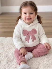 SHEIN 5pcs Baby Girls Hoodie Pants Set Cute Sweet Pink White Big Bow Fuzzy Plush Long Sleeve Hooded Thick Christmas Party Winter Fall Pullover Princess Gift - Multicolor - View 2