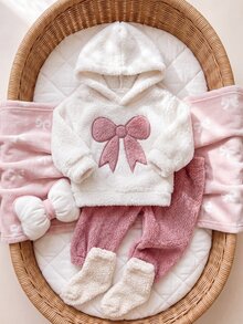 SHEIN 5pcs Baby Girls Hoodie Pants Set Cute Sweet Pink White Big Bow Fuzzy Plush Long Sleeve Hooded Thick Christmas Party Winter Fall Pullover Princess Gift - Multicolor - View 8