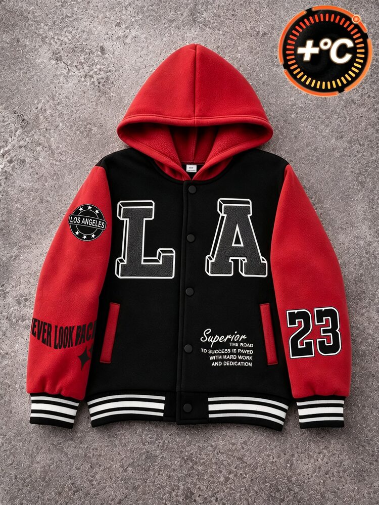 SHEIN Boys' Autumn Fleece Lined Long Sleeve Hooded Jacket, Black And Grey Colorblock Hooded Fleece Baseball Jacket, LA Letter Print With Multiple American Slogan Prints, Loose Drop Shoulder Fit, Toddler School & Travel Retro Style Kids Jacket, Campus Jacket, Outdoor Jacket - Red - View 1