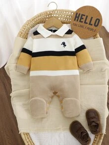 SHEIN 新生兒嬰兒針織連身衣附襪子，彼得潘領 + 精緻刺繡，長袖小紳士舒適風格 米色秋季 - 彩色 - 查看 7
