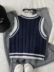 Souflis Souflis Young Boy Striped Colorblock Cable Knit Vest - Navy Blue - View 2