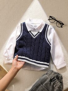 Souflis Souflis Young Boy Striped Colorblock Cable Knit Vest - Navy Blue - View 4