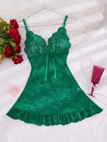 SHEIN 1件女款性感蕾絲拼接網紗睡裙 - 墨綠色 - 查看 4