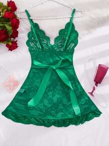 SHEIN 1件女款性感蕾絲拼接網紗睡裙 - 墨綠色 - 查看 2