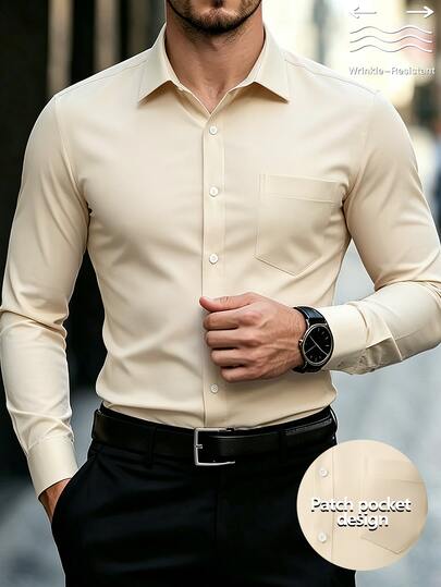 Manfinity Mode Camisa de negocios casual de manga larga, corte slim, resistente a las arrugas, de color albaricoque de lujo para hombres
