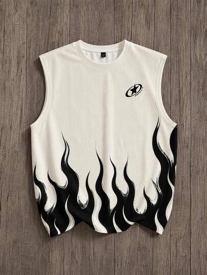 Manfinity Joysei Flame Print American Street Style Sleeveless Tank Top, Suitable For Casual Daily Wear, Ignite The Street! American Flame Print Tank Top, Release Your Cool Personalized, Stay Fresh And Energetic All Summer