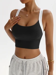 SHEIN Dewbera حمالة صدر رياضية قصيرة كاجوال بتصميم كتل لونية للنساء مقاس كبير لليوجا - الأسود - مشاهدة 3