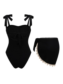 SHEIN Swim 新款熱銷貝殼金屬飾品一件式泳衣，平口綁帶海灘度假兩件組 - 黑色 - 查看 2