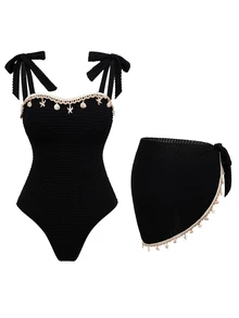 SHEIN Swim 新款熱銷貝殼金屬飾品一件式泳衣，平口綁帶海灘度假兩件組 - 黑色 - 查看 5