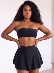 SHEIN Core Rhythm Plus Size Women One-Piece Solid Color Sexy Sports Skirt - Black - View 5
