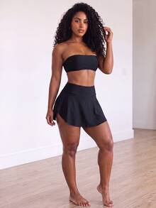 SHEIN Core Rhythm Plus Size Women One-Piece Solid Color Sexy Sports Skirt - Black - View 6