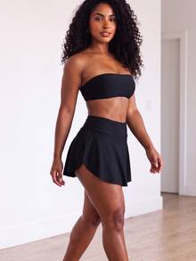 SHEIN Core Rhythm Plus Size Women One-Piece Solid Color Sexy Sports Skirt - Black - View 3