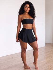 SHEIN Core Rhythm Plus Size Women One-Piece Solid Color Sexy Sports Skirt - Black - View 4