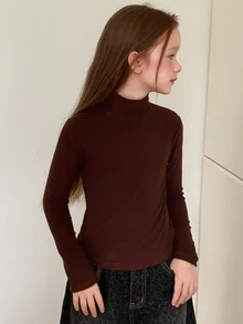 Dazy Kids Tween Girls' Solid Color High Neck Basic Layering Top, Autumn/Winter, Brown - Brown - View 9