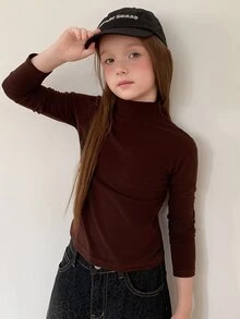 Dazy Kids Tween Girls' Solid Color High Neck Basic Layering Top, Autumn/Winter, Brown - Brown - View 3