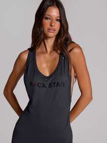 MUSERA Black Graphic Scoop Neck Stud Unitard Summer Autumn Going Out Festival Cool Girl Furiosa - Grey - View 6