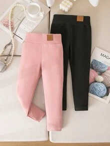 SHEIN 女童少女 2 件組黑色與粉色人造皮革拼接字母設計休閒冬季打底褲，適合上學穿著 - 彩色 - 查看 3