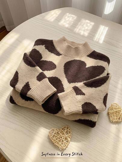 Cozy Pixies Baby Girl Casual Comfortable Cute Heart Pattern Crew Neck Autumn Winter Sweater