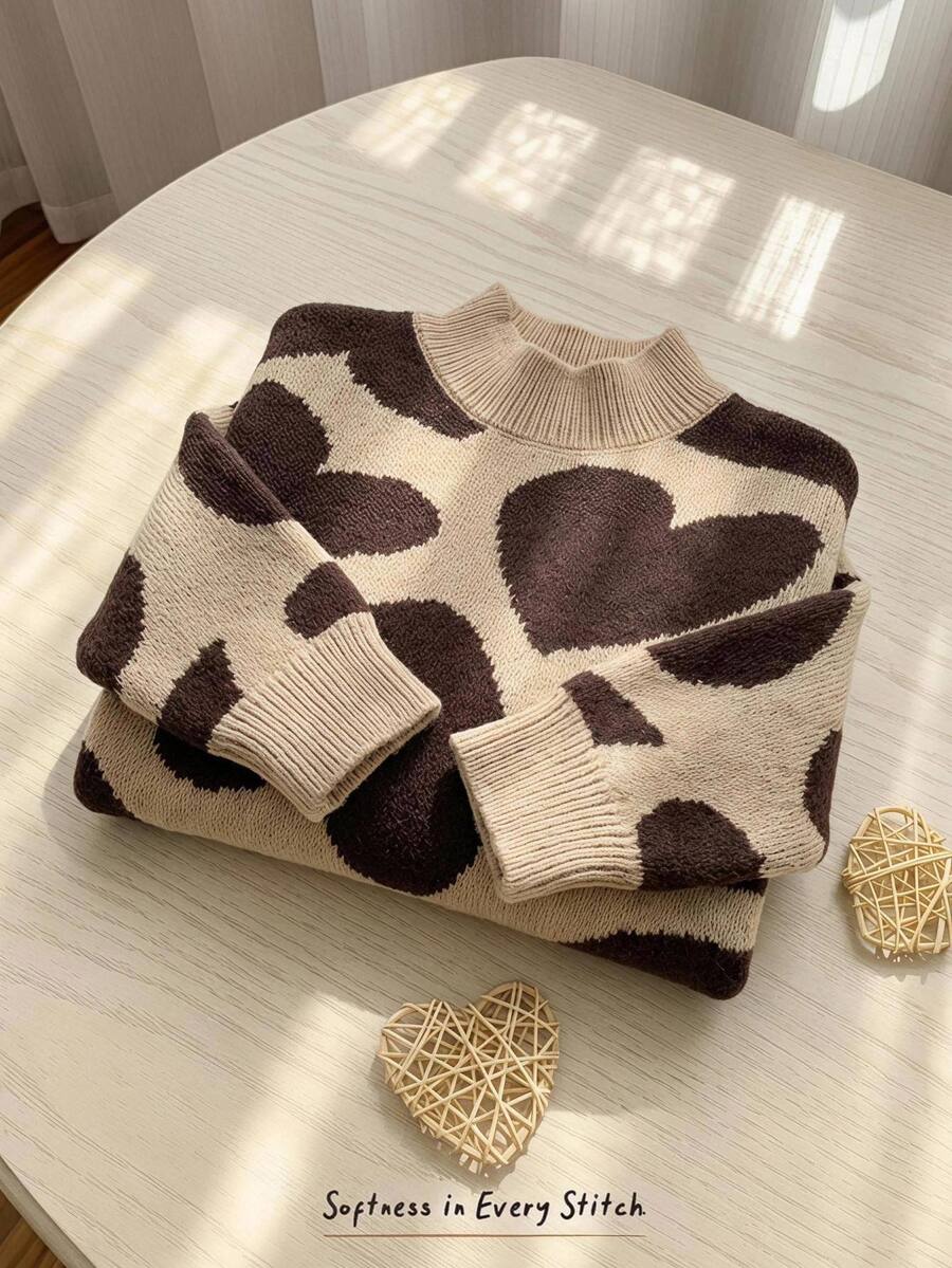 Cozy Pixies Sweater Bayi Perempuan Kasual Nyaman Motif Hati Lucu Kerah Bulat Musim Gugur Musim Dingin - MultiWarna - View 1
