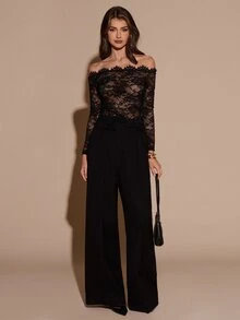 SHEIN BAE Autumn/Winter Solid Black Sexy Off Shoulder Long Sleeve Sheer Lace Women's Top - Black - View 3