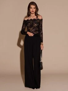 SHEIN BAE Autumn/Winter Solid Black Sexy Off Shoulder Long Sleeve Sheer Lace Women's Top - Black - View 4