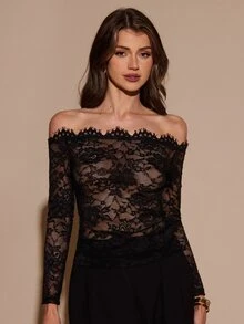 SHEIN BAE Autumn/Winter Solid Black Sexy Off Shoulder Long Sleeve Sheer Lace Women's Top - Black - View 1