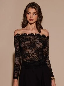 SHEIN BAE Autumn/Winter Solid Black Sexy Off Shoulder Long Sleeve Sheer Lace Women's Top - Black - View 6