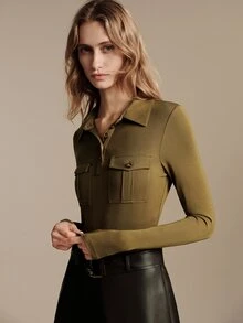Anewsta Essential Elegant Commuter Double Pocket Half-Placket Long Sleeve Women's Army Green Lapel Knit Top - Army Green - View 6