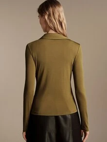 Anewsta Essential Elegant Commuter Double Pocket Half-Placket Long Sleeve Women's Army Green Lapel Knit Top - Army Green - View 7