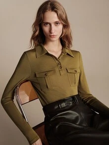 Anewsta Essential Elegant Commuter Double Pocket Half-Placket Long Sleeve Women's Army Green Lapel Knit Top - Army Green - View 4