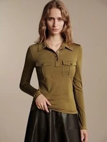 Anewsta Essential Elegant Commuter Double Pocket Half-Placket Long Sleeve Women's Army Green Lapel Knit Top - Army Green - View 3