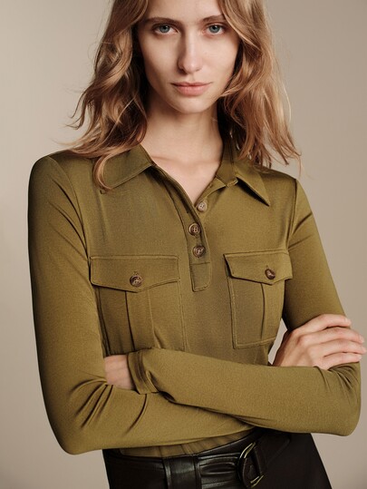 Anewsta Essential Elegant Commuter Double Pocket Half-Placket Long Sleeve Women's Army Green Lapel Knit Top