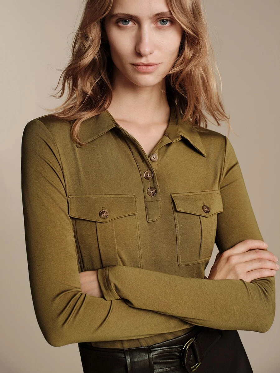 Anewsta Essential Elegant Commuter Double Pocket Half-Placket Long Sleeve Women's Army Green Lapel Knit Top - Army Green - View 1