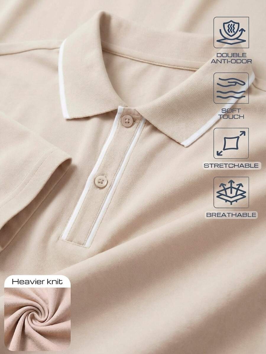 TekDrob Double Anti-Odor Heavy Viscose Polo Shirt With Striped RIB Detail And Regular Fit - Apricot - View 1