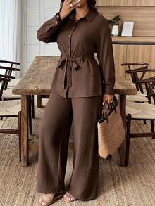 Weeklong Women's Plus Size Solid Color Waist Knot Long Sleeve Top And Pants 2 Pieces Set, Suitable For Daily Wear And Office Fall - Coffee Brown - View 6