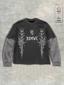 ROMWE MEN Casual Men's Distressed Washed Heavy Print Streetwear 2 In 1 Long Sleeve T-Shirt - Multicolor - View 5