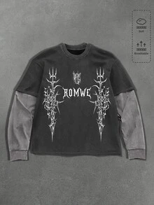 ROMWE MEN Casual Men's Distressed Washed Heavy Print Streetwear 2 In 1 Long Sleeve T-Shirt - Multicolor - View 1