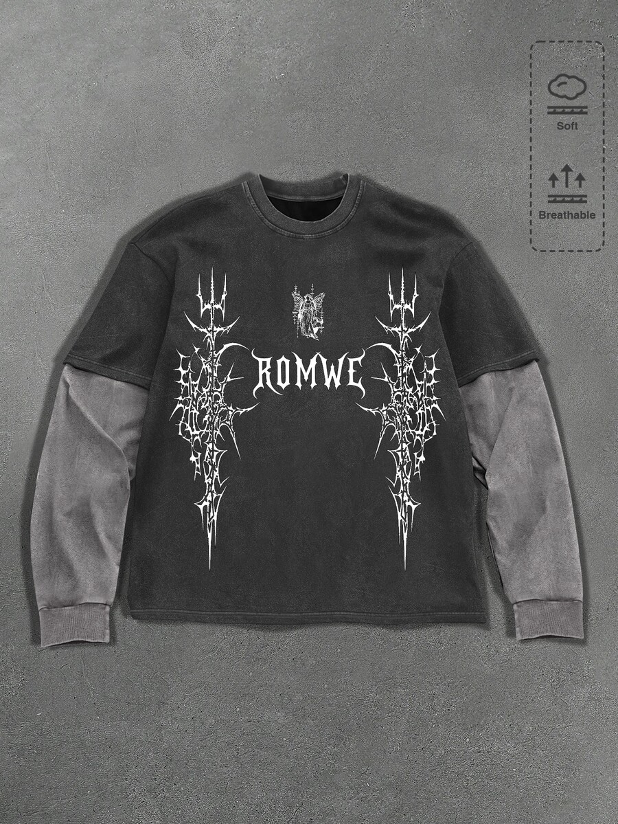 ROMWE MEN Casual Men's Distressed Washed Heavy Print Streetwear 2 In 1 Long Sleeve T-Shirt - Multicolor - View 1