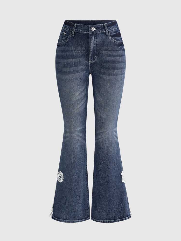 Sweetness Women's Vintage Lace Trim Bow Decor Flare Leg Jeans - Blue - View 6