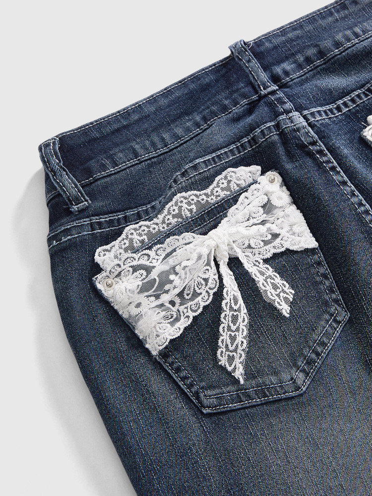 Sweetness Women's Vintage Lace Trim Bow Decor Flare Leg Jeans - Blue - View 3