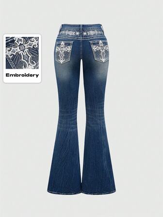 Grunge Punk Jeans slim évasé taille basse femme avec broderie ailes de poche vintage Y2K sexy, jeans femme taille basse boutonné poche zippé jambe évasée bleu marine moulant, à porter au quotidien de manière décontractée au printemps/automne