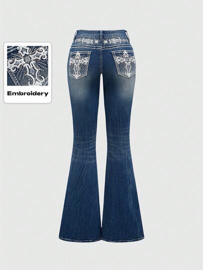 ROMWE Grunge Punk Jeans slim évasé taille basse femme avec broderie ailes de poche vintage Y2K sexy, jeans femme taille basse boutonné poche zippé jambe évasée bleu marine moulant, à porter au quotidien de manière décontractée au printemps/automne