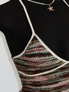 SHEIN ICON Women's Colorful Jacquard Knit Contrast Ribbed Trim Halter Neck Backless Deep V Mini Beach Dress - Multicolor - View 8