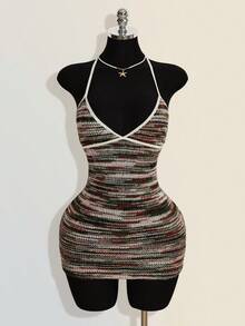 SHEIN ICON Women's Colorful Jacquard Knit Contrast Ribbed Trim Halter Neck Backless Deep V Mini Beach Dress - Multicolor - View 10