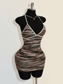 SHEIN ICON Women's Colorful Jacquard Knit Contrast Ribbed Trim Halter Neck Backless Deep V Mini Beach Dress - Multicolor - View 6