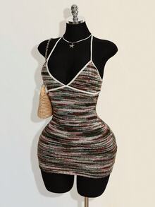 SHEIN ICON Women's Colorful Jacquard Knit Contrast Ribbed Trim Halter Neck Backless Deep V Mini Beach Dress - Multicolor - View 5