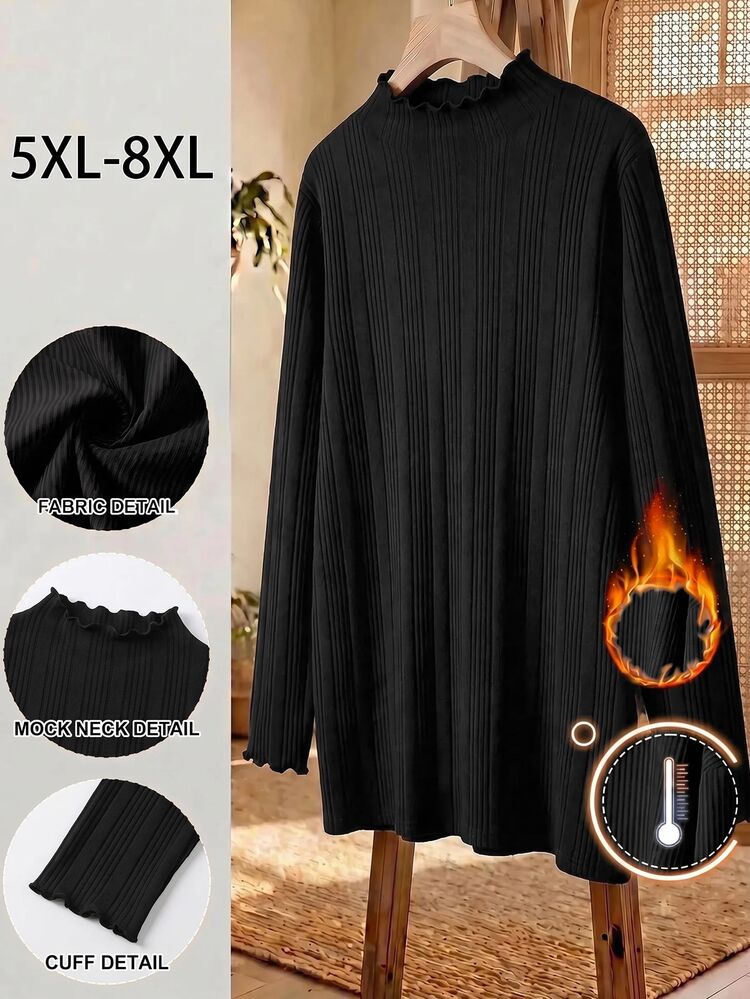 SHEIN CURVE+ Plus Size Women Black High Neck Long Sleeve T-Shirt, Autumn Base Layer Top Fall - Black - View 4
