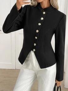 Yalmera Women's Autumn/Winter New Elegant Commute Waist-Cinching Button-Decorated Wool Short Jacket - Black - View 1