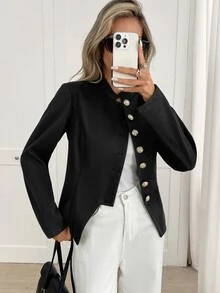 Yalmera Women's Autumn/Winter New Elegant Commute Waist-Cinching Button-Decorated Wool Short Jacket - Black - View 4